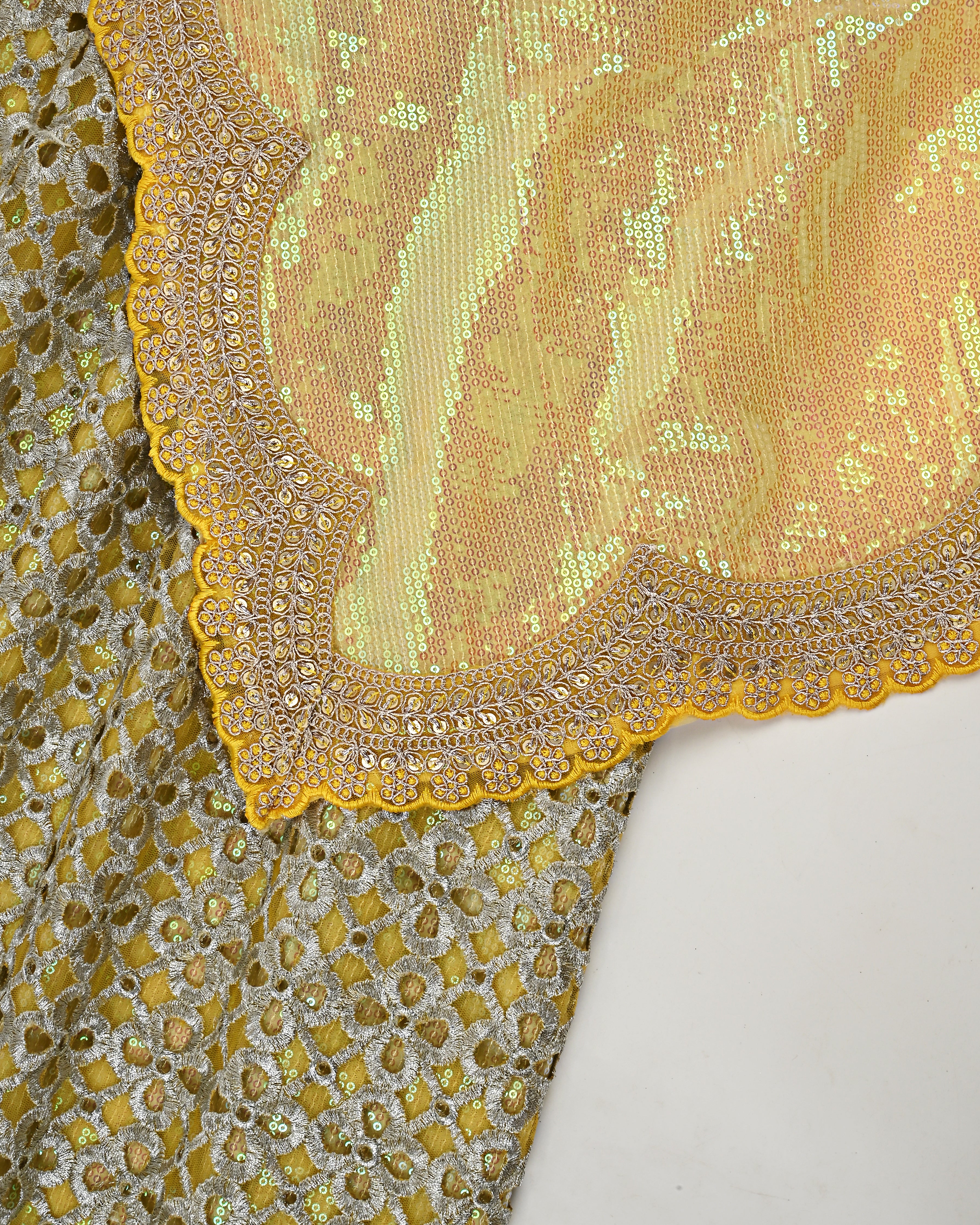 Bright Yellow Base RCJ With Heavy Look Silver Lace Peice & Sequence Dupatta