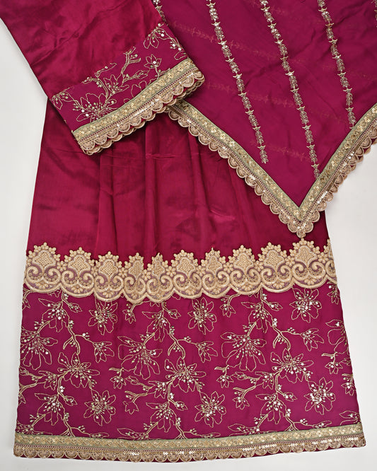 Crimson Red RCJ With Golden Floral Work Golden Work & Same Color Dupatta