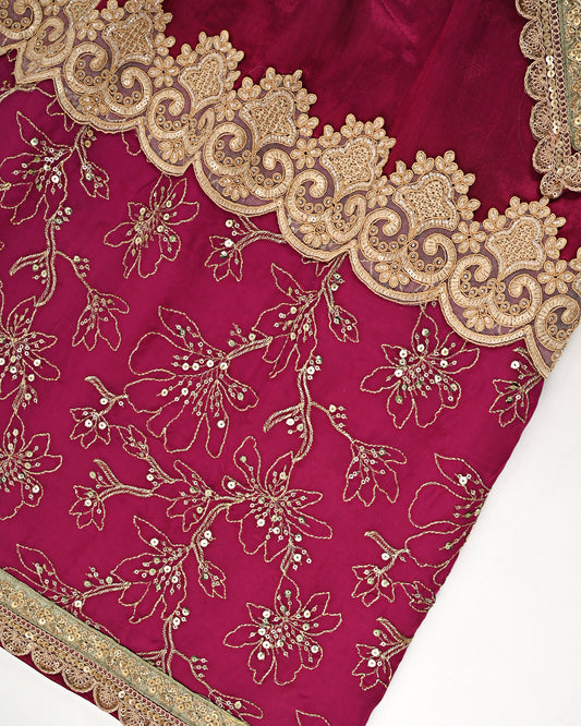 Crimson Red RCJ With Golden Floral Work Golden Work & Same Color Dupatta