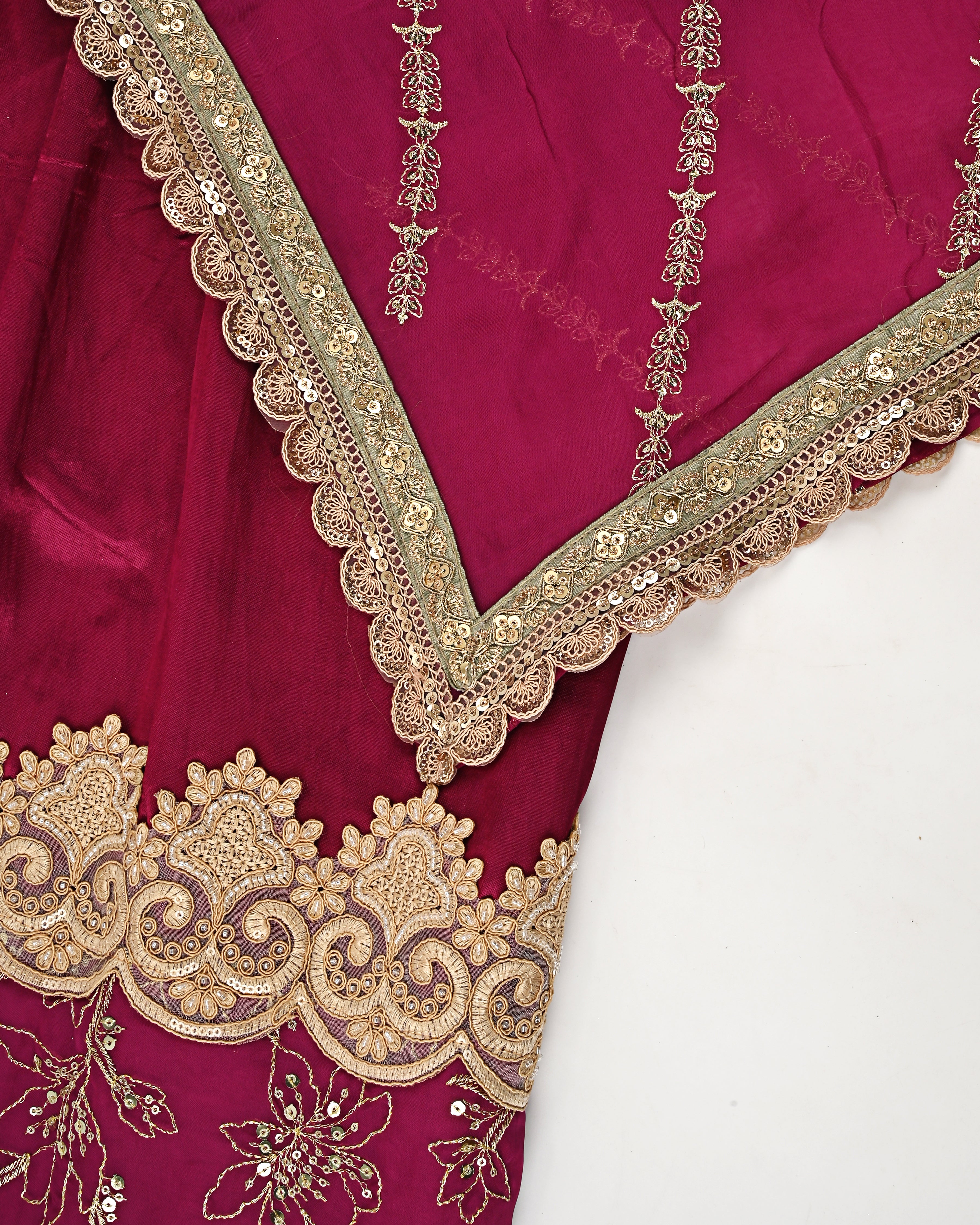 Crimson Red RCJ With Golden Floral Work Golden Work & Same Color Dupatta
