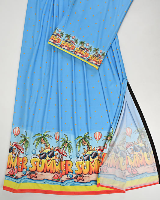Sky Blue Dots Swim Wear Rida With Smart Beach Summer Print Panel