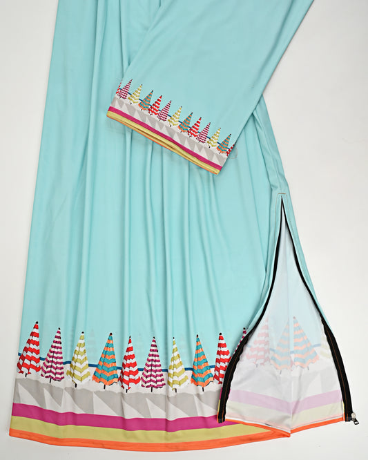 Light Blue Swim Wear Rida With Umbrella Printed Panel