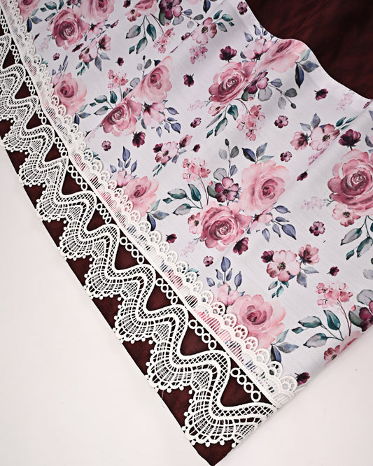 Dark Maroon Rida With Smart Floral Print Panel & Same Patta