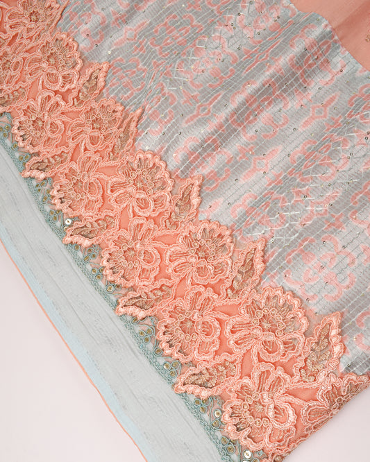 Sky Blue Rida With Rose Printed Panel & Smart Lace