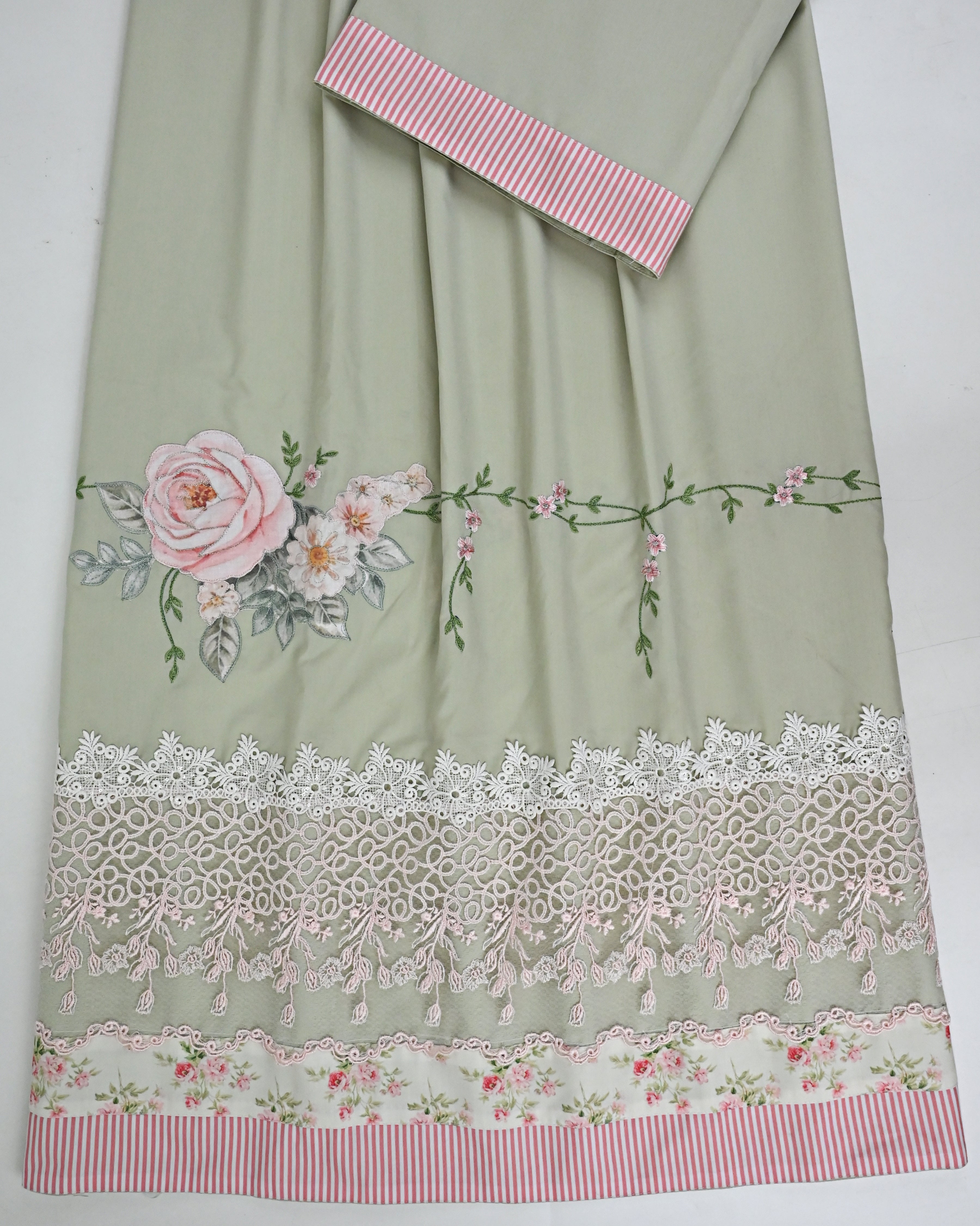 Muted Olive Rida Smart Floral Lace Panel & Smart Floral All Over Embroidery Work