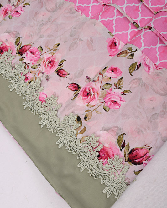Pink Honeycomb Print Rida With Smart Floral Panel & Pintex