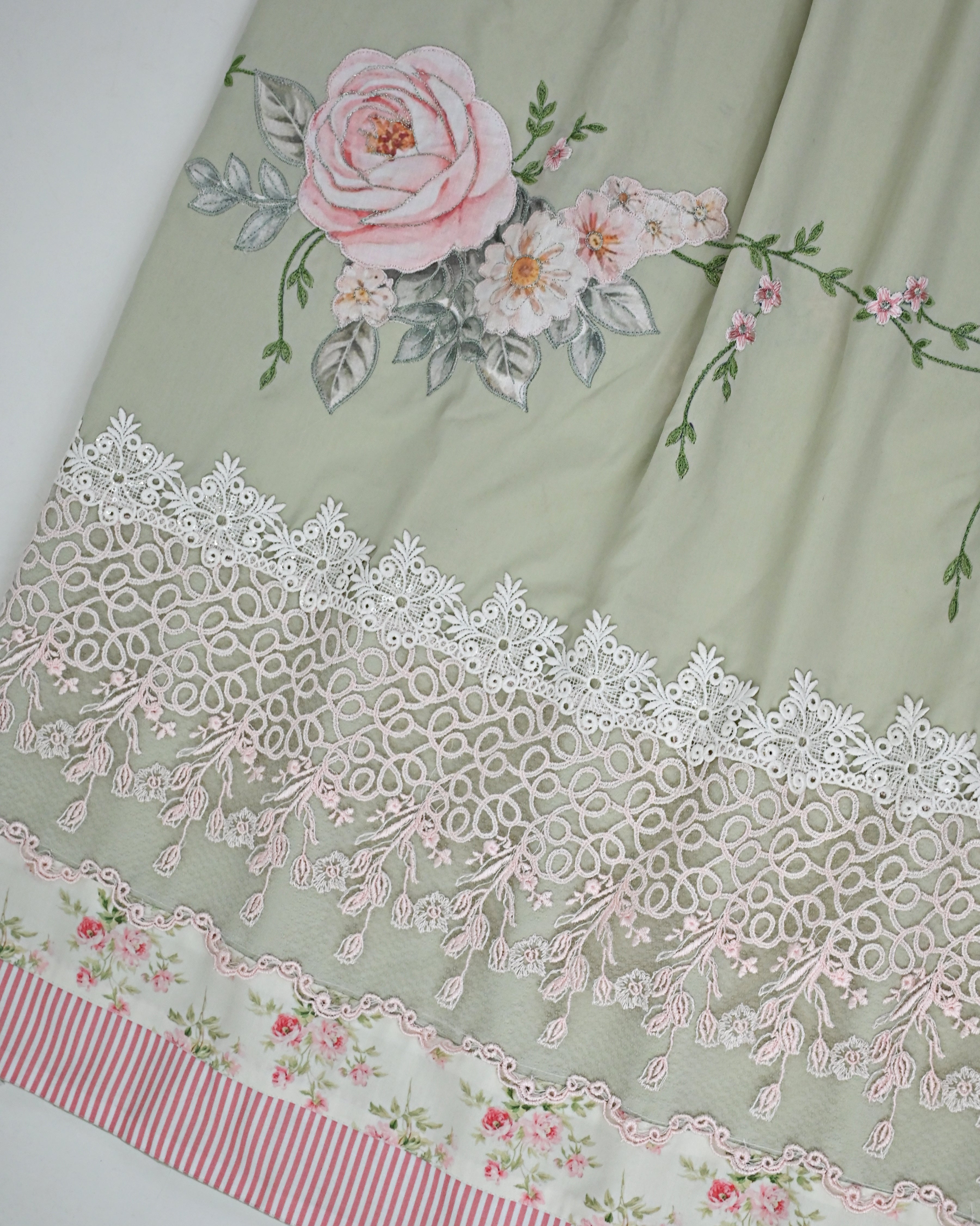 Muted Olive Rida Smart Floral Lace Panel & Smart Floral All Over Embroidery Work