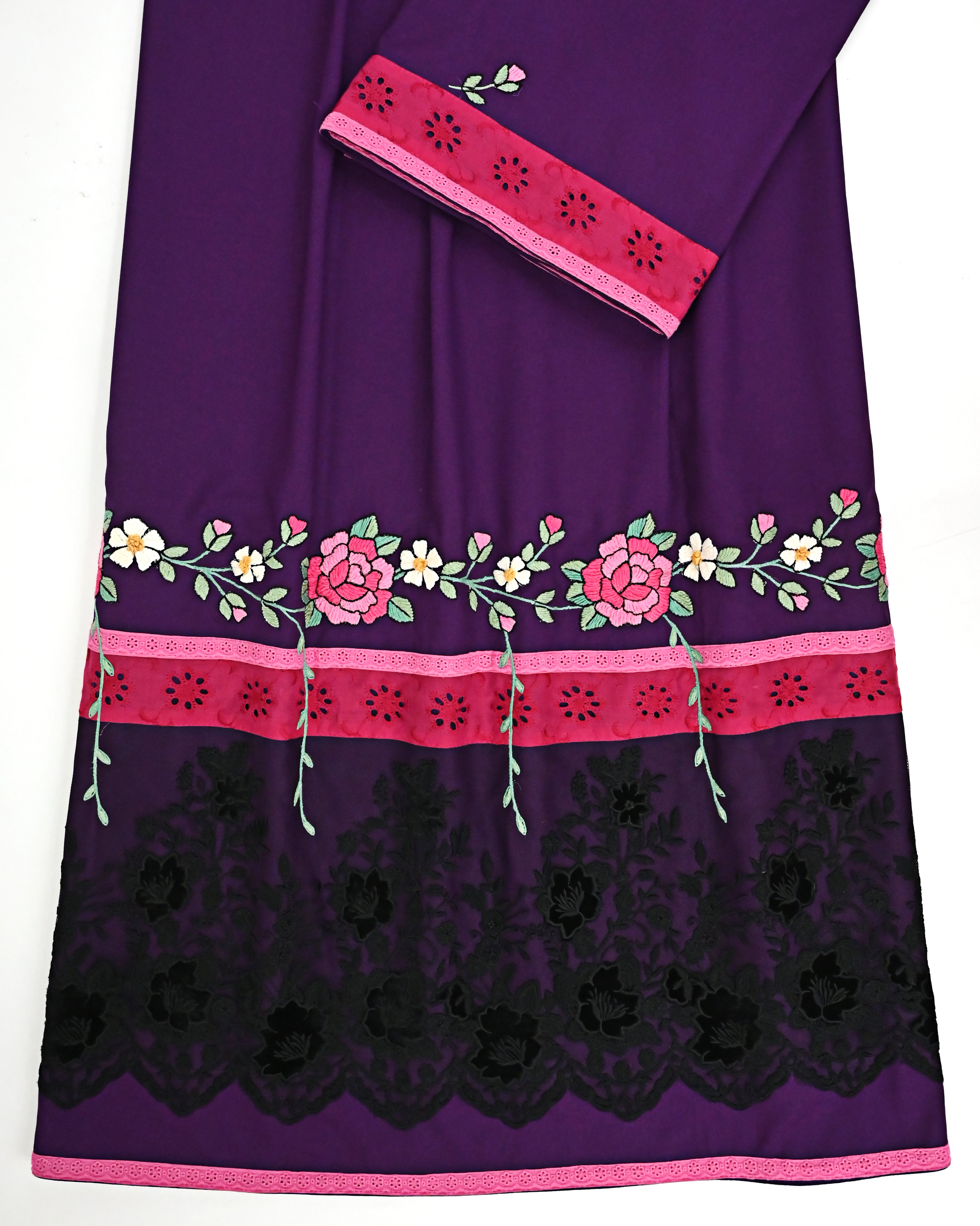 Indigo Purple Rida With Smart Black Lacing Rani Hakoba Lace & All Over Floral Work