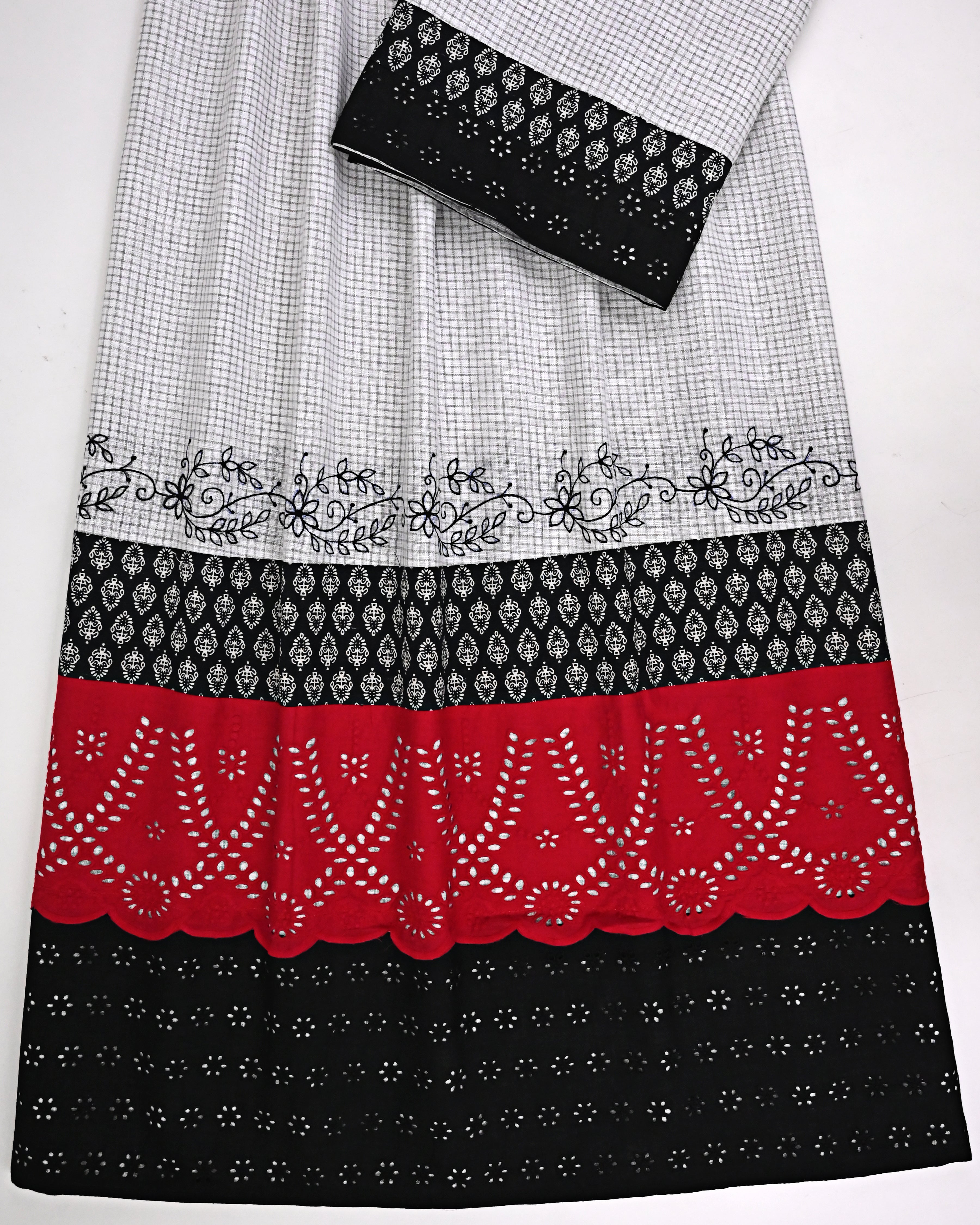 Light Grey Checks Rida With Smart Black Red Hakoba Lace Batik Print Panel & Floral Emb