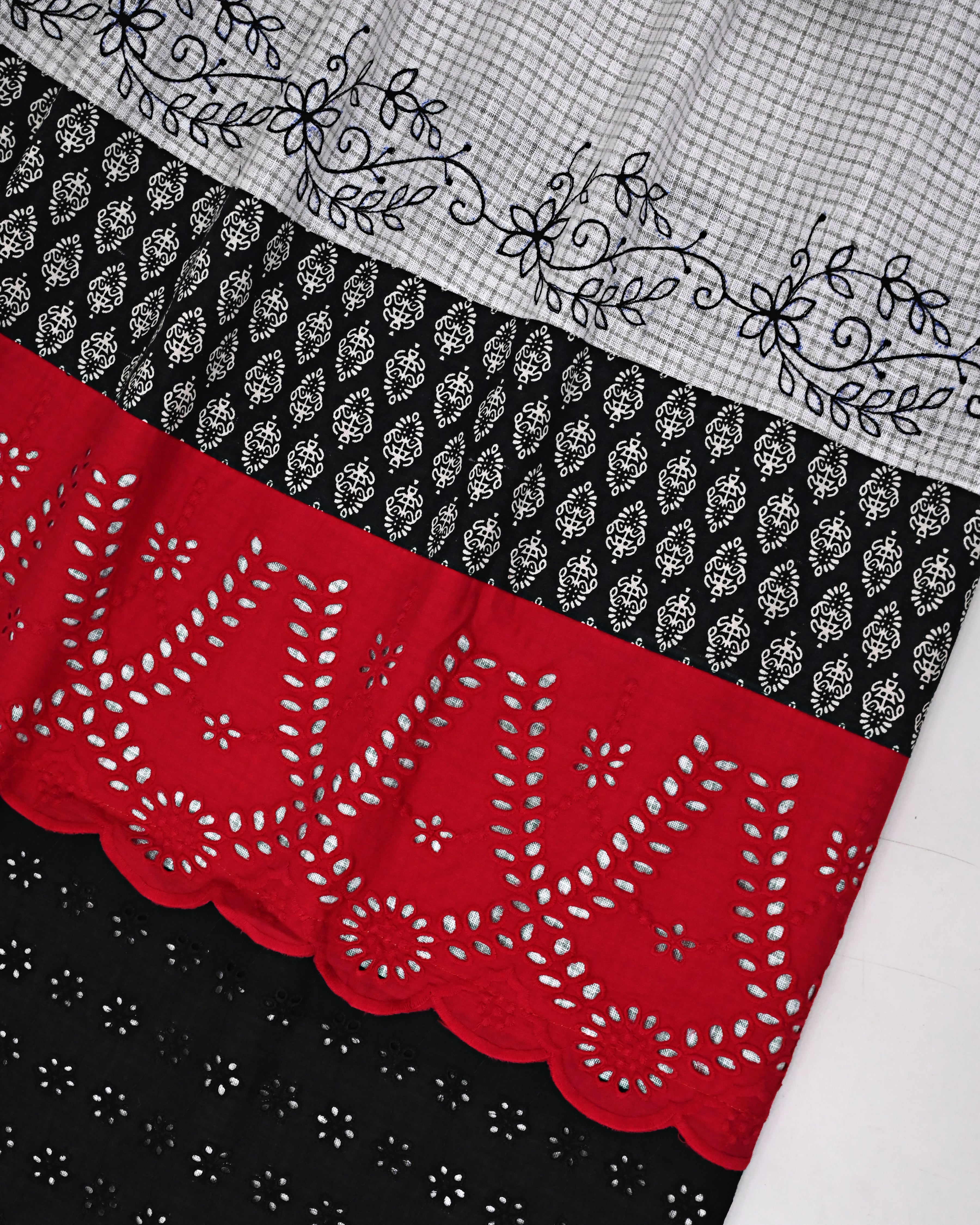 Light Grey Checks Rida With Smart Black Red Hakoba Lace Batik Print Panel & Floral Emb