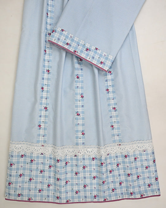 White Blue Mini Checks With Smart Floral Checks Panel & Smart Lace