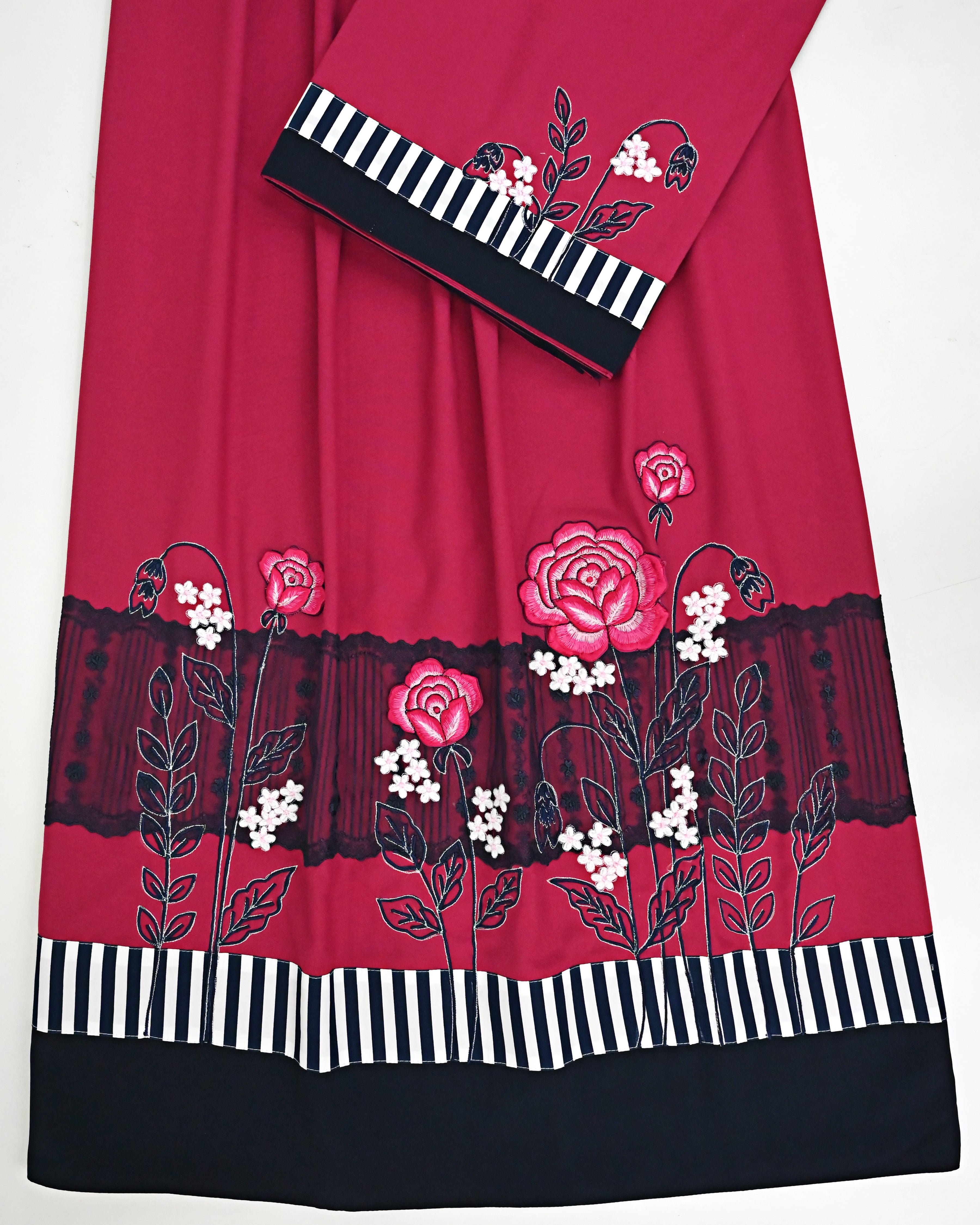 Magenta Pink Rida With Smart Floral Work Navy Blue Lace & Smart Stripes Plain Panel