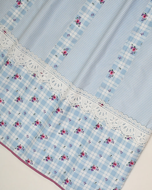 White Blue Mini Checks With Smart Floral Checks Panel & Smart Lace