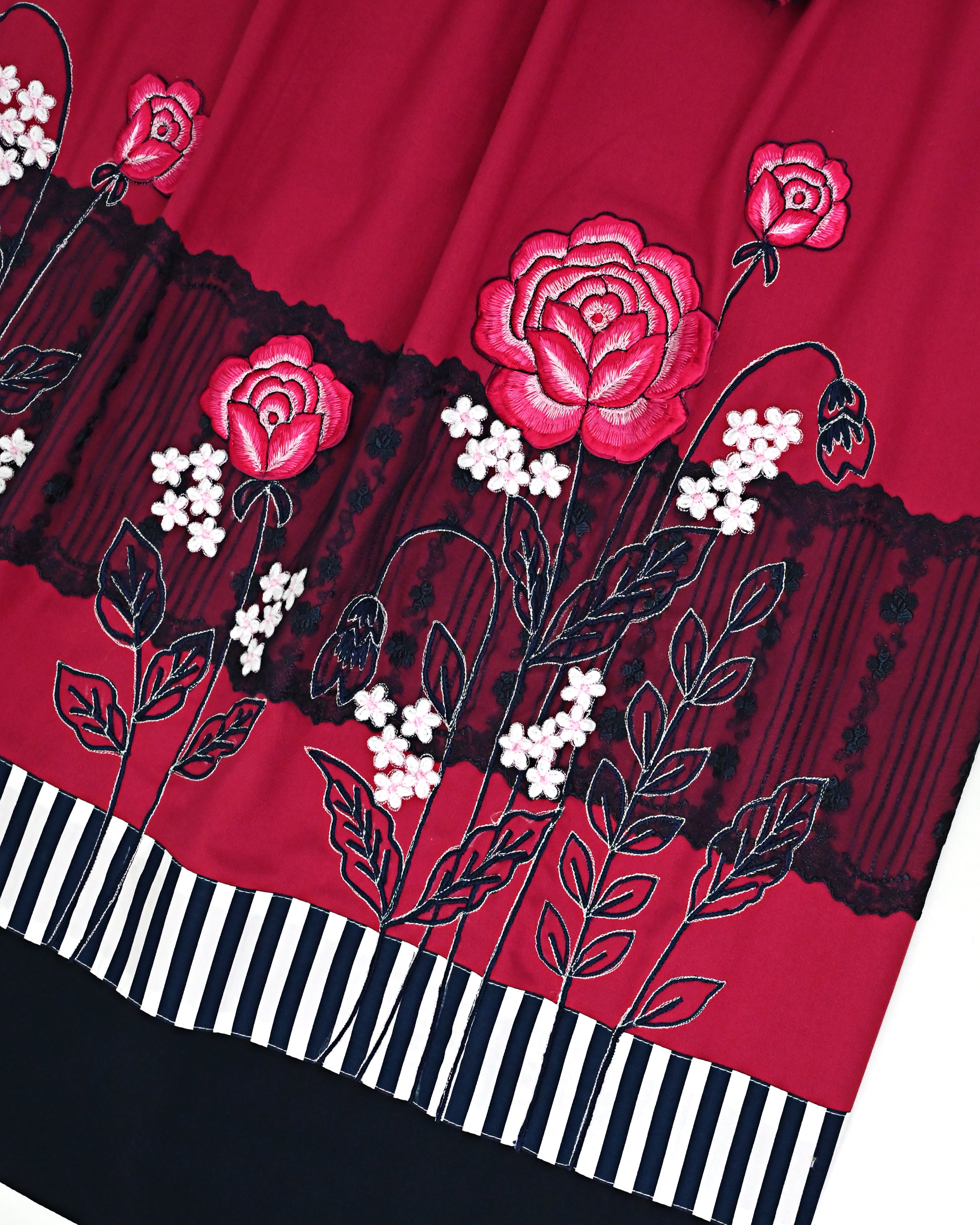 Magenta Pink Rida With Smart Floral Work Navy Blue Lace & Smart Stripes Plain Panel