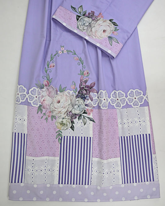Lilac Rida With Smart Box Pattern & Floral Applique Work Floral Lace