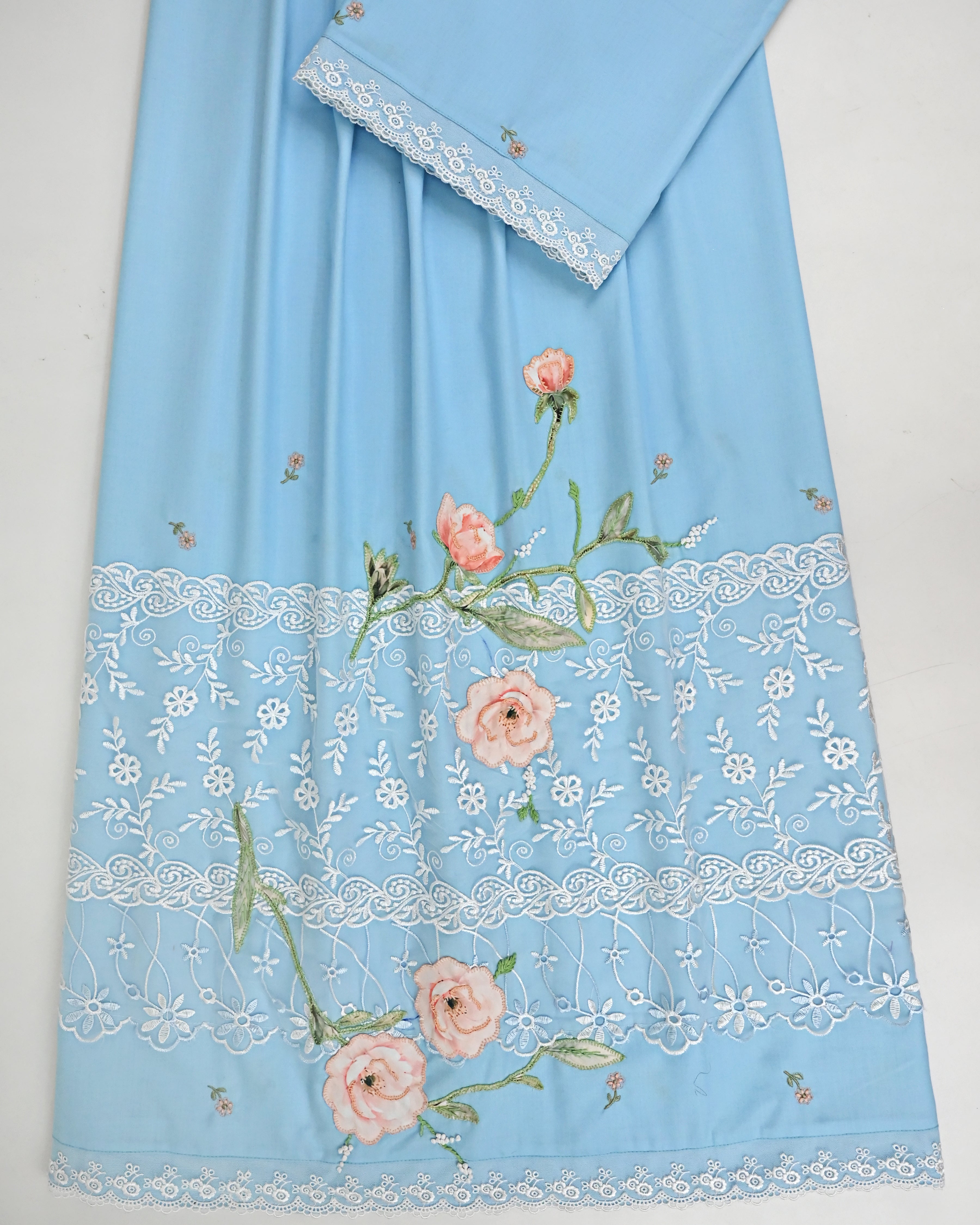 Powder Blue Rida With Smart Floral Lacing & Floral Applique Embroidery Work