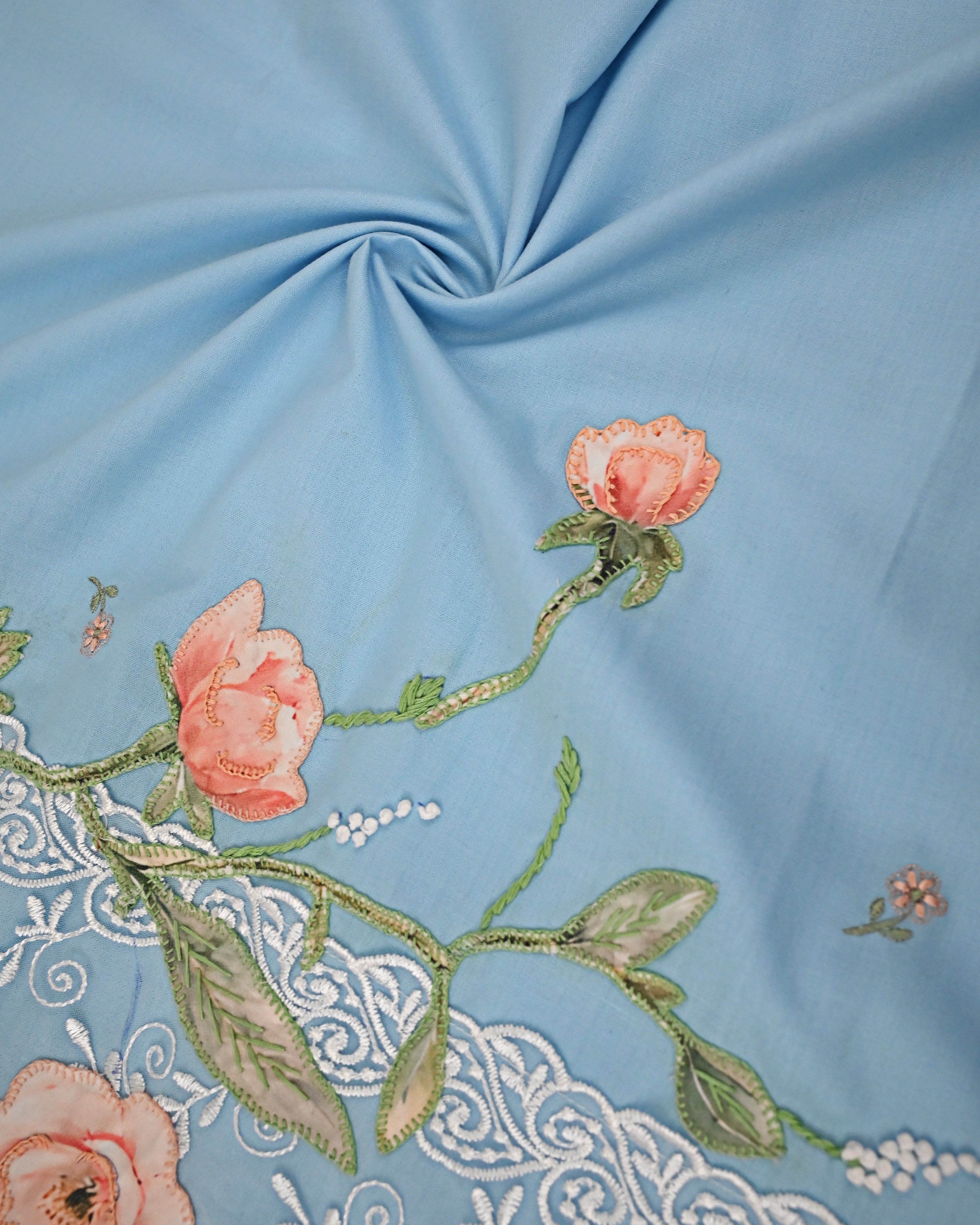 Powder Blue Rida With Smart Floral Lacing & Floral Applique Embroidery Work