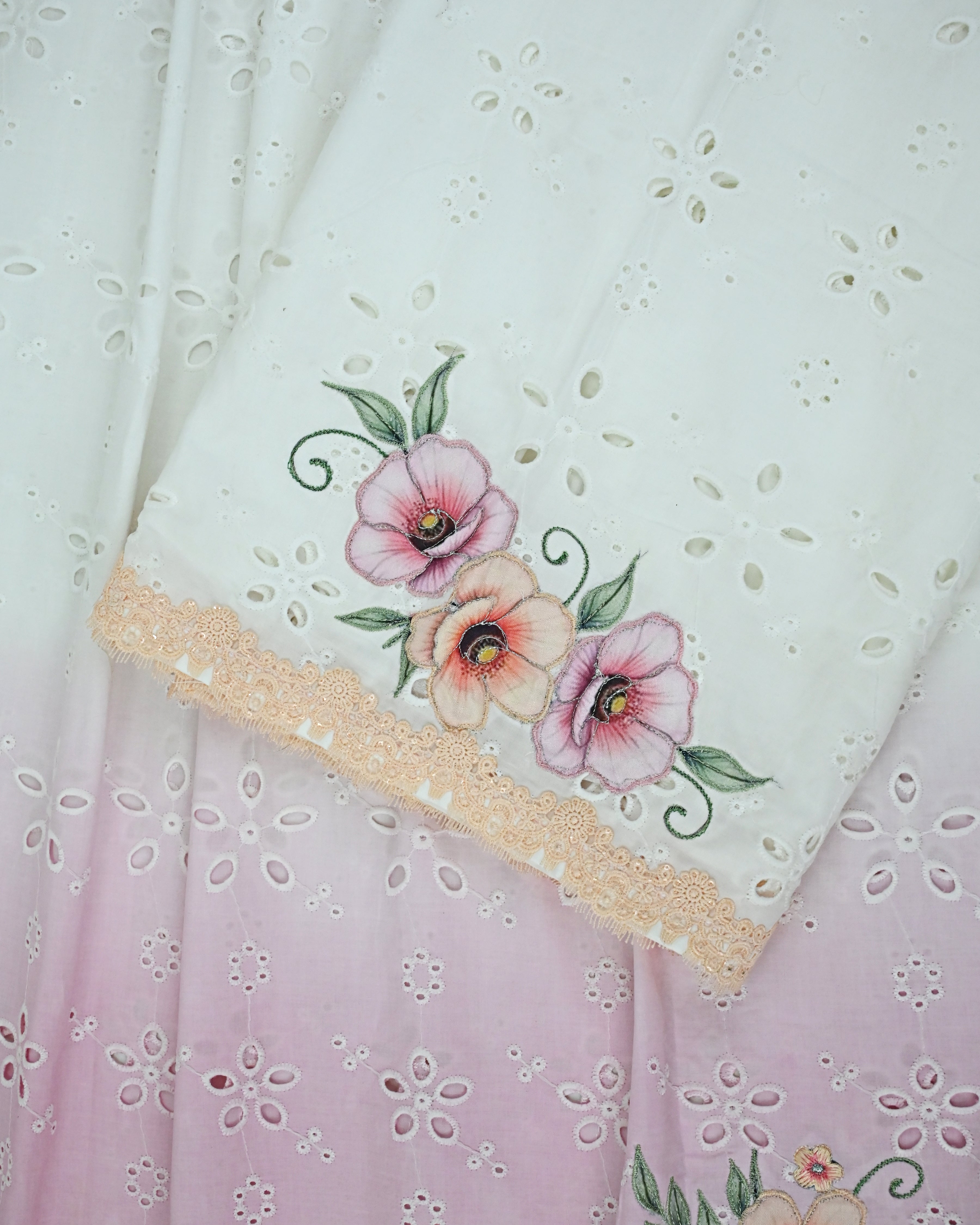 Tri Color Ombre Hakoba Rida With Smart Floral Applique With Embroidery Work