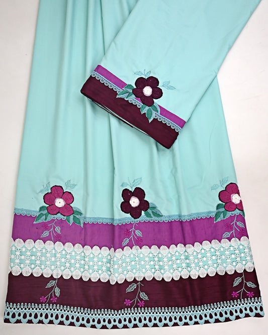 Light Mint Blue Rida With Dark Panel White Lacing & Dark Floral Work With Embroidery