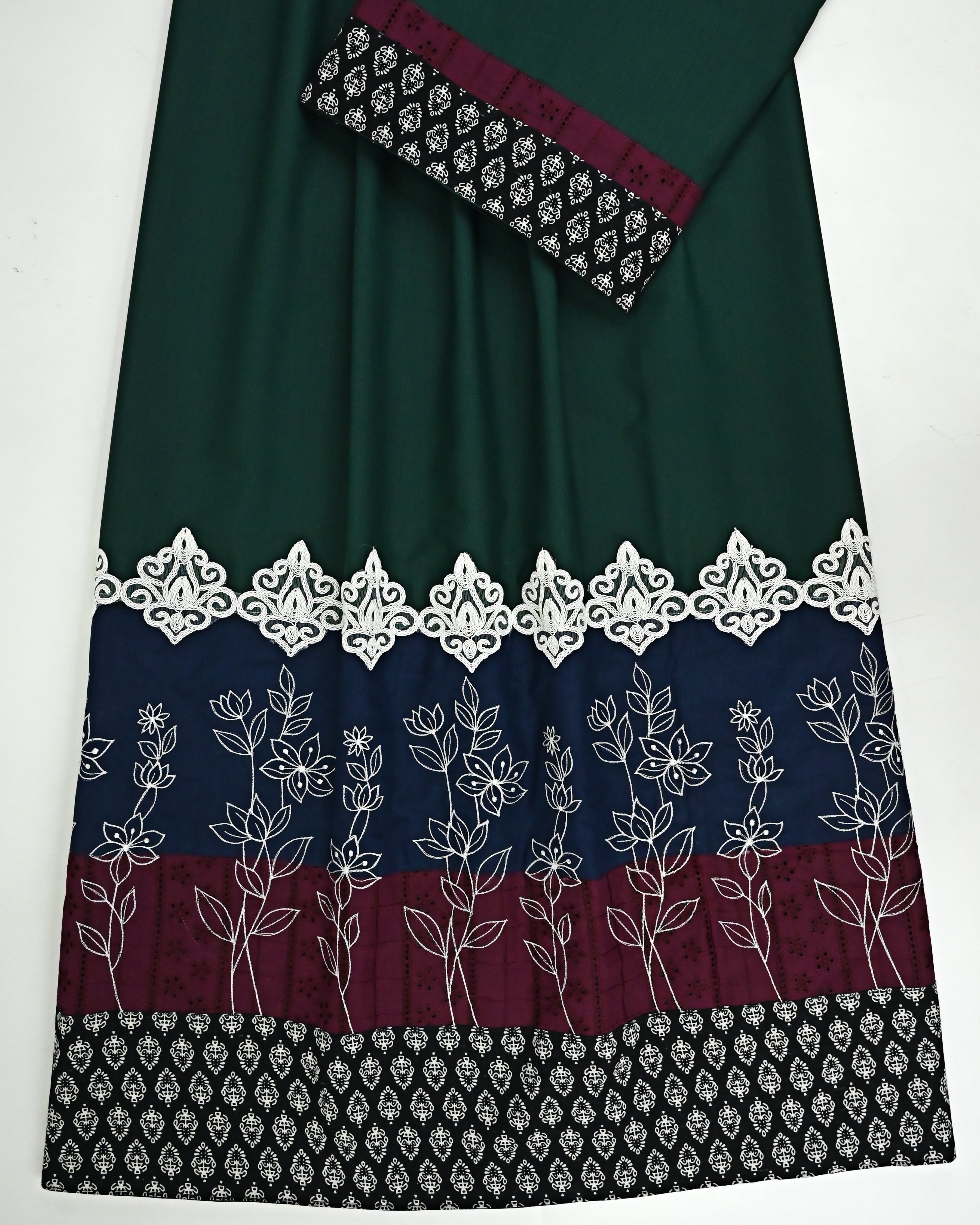 Dark Emerald Green Rida With Smart Batik Print Panel Smart Lace & Smart Embroidery Work