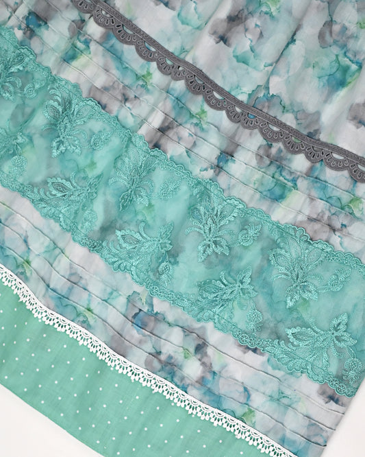 Green Marble Print Jodi With Smart Lace & Pintex With Smart Plain Green Dupatta