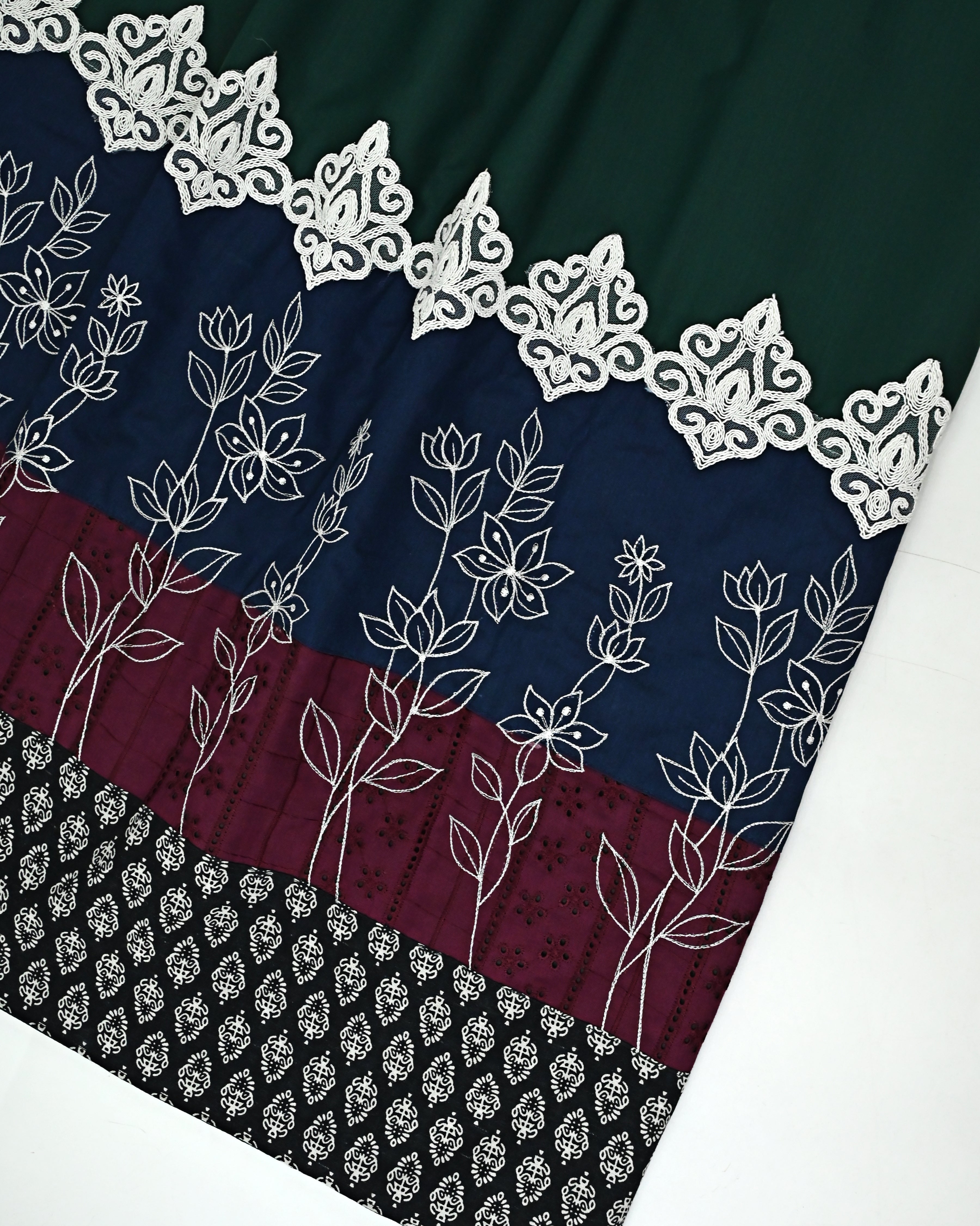Dark Emerald Green Rida With Smart Batik Print Panel Smart Lace & Smart Embroidery Work