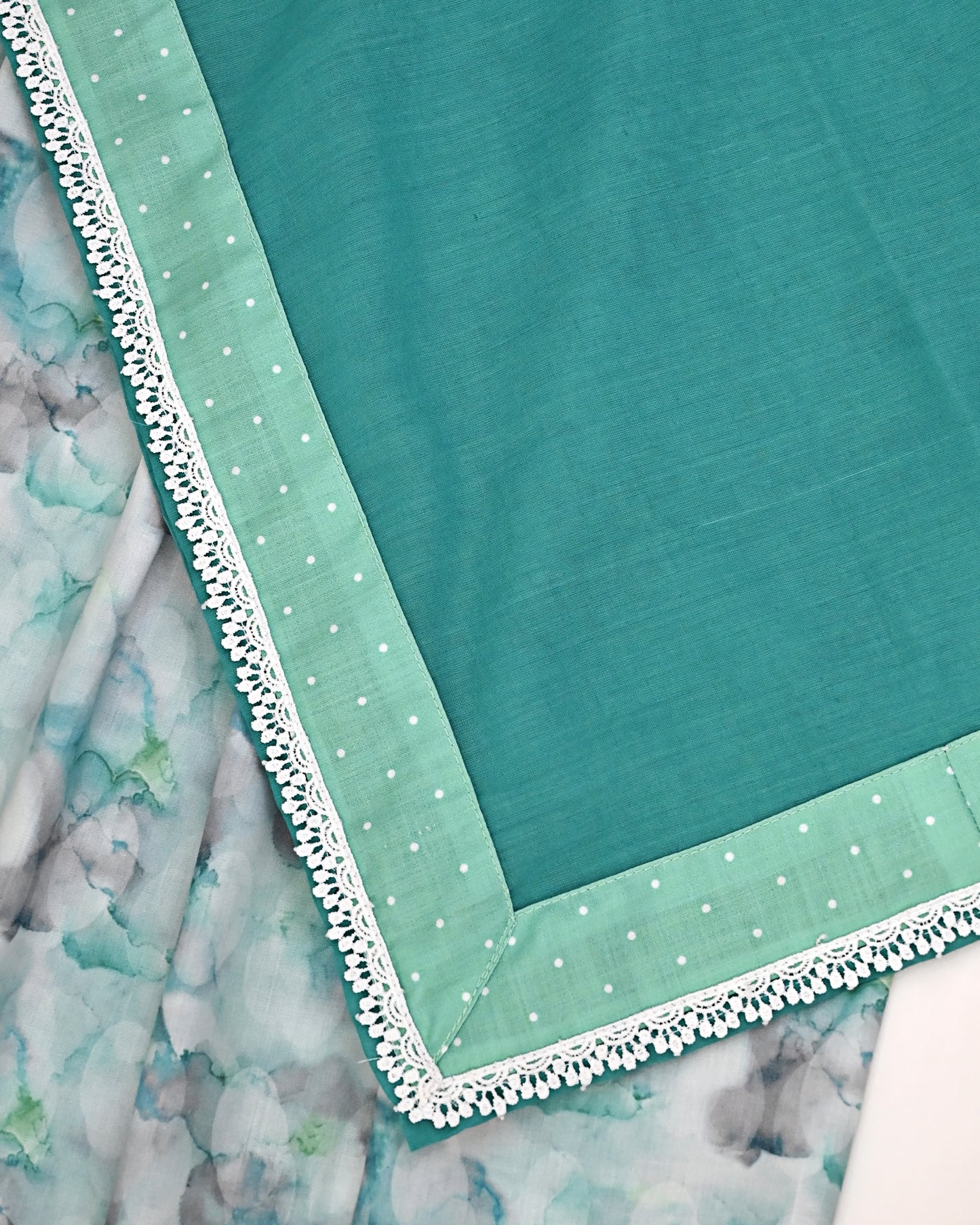 Green Marble Print Jodi With Smart Lace & Pintex With Smart Plain Green Dupatta