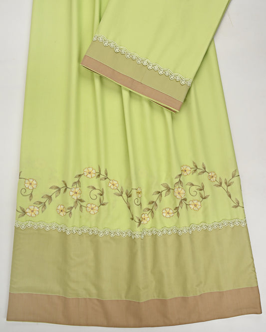 Celery Green Rida With Smart Floral Embroidery Border & Plain Panel