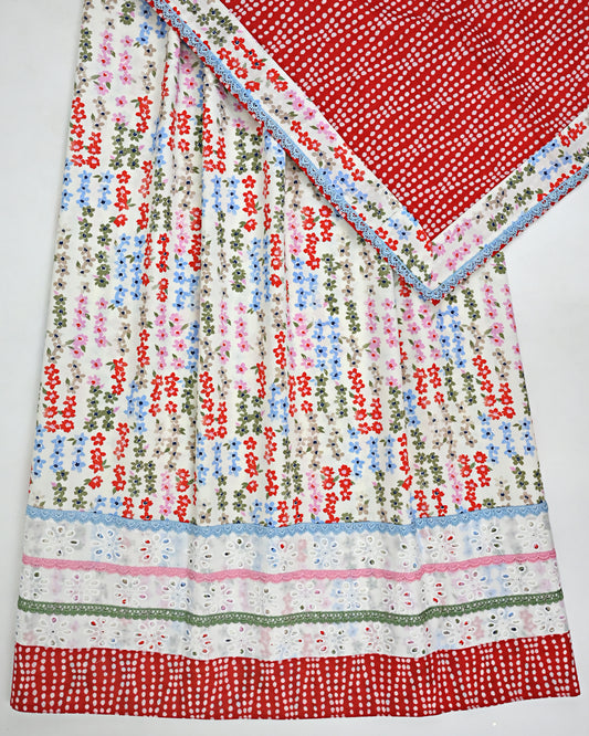 Multi Floral Print Jodi With Smart Lace & Smart Red Base White Dots Dupatta