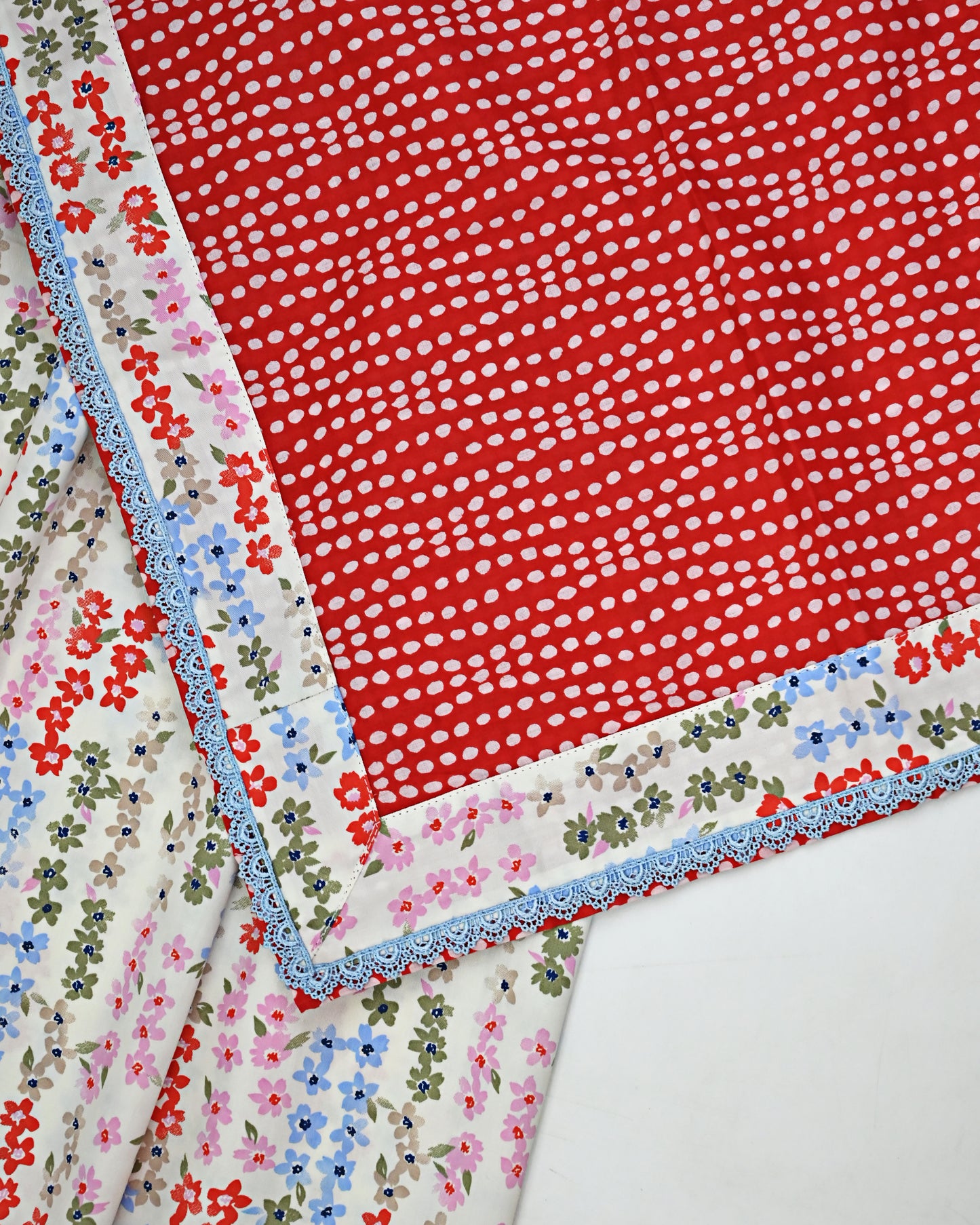 Multi Floral Print Jodi With Smart Lace & Smart Red Base White Dots Dupatta