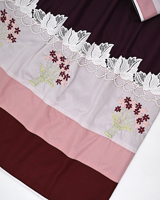 Dark Maroon Rida With Smart Light Dark Shade Panel Smart Lace & Floral Work