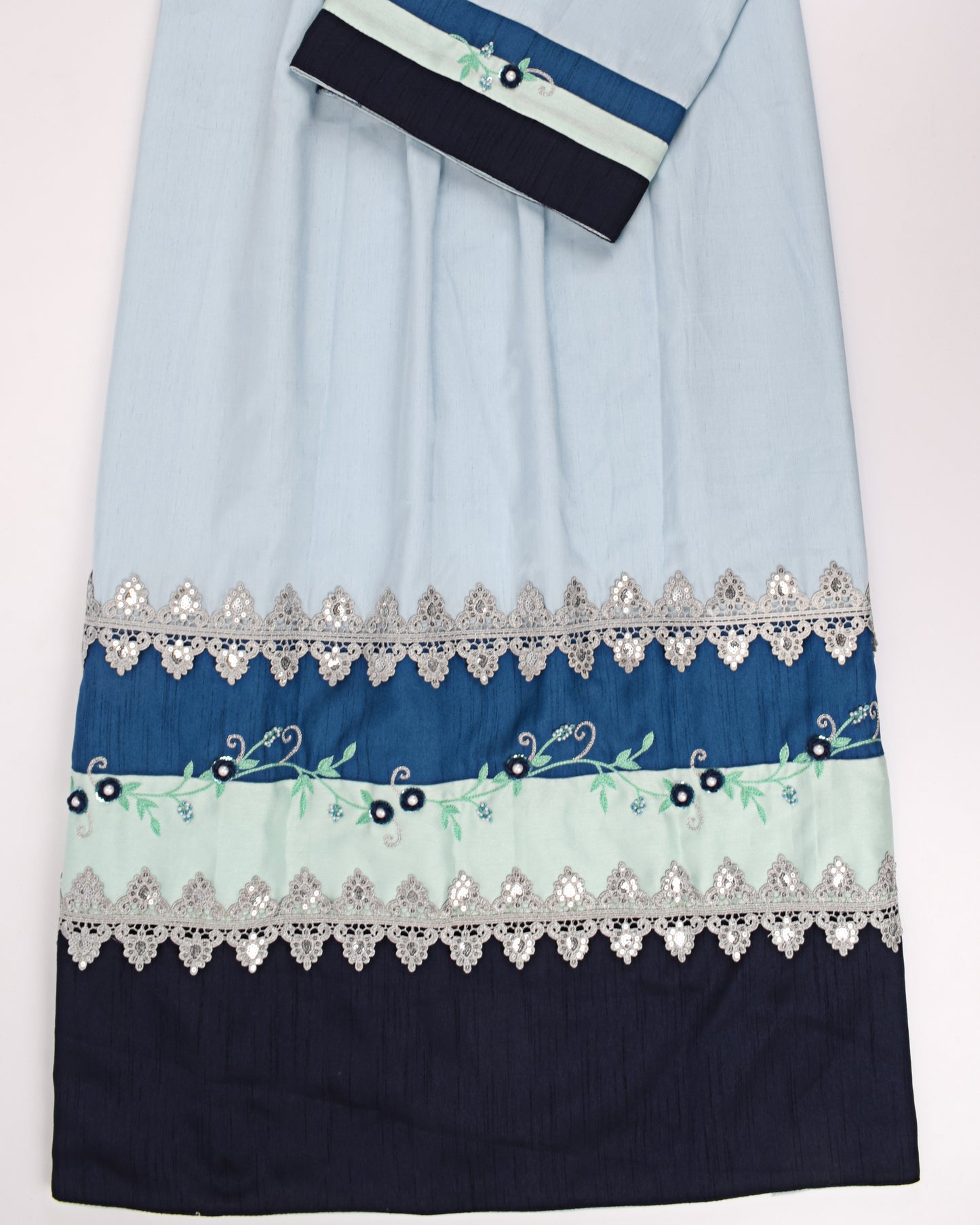 Light Blue Rida With Navy Blue Panel & Aari Work Border