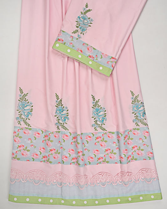 Baby Pink Rida With Smart Floral Embriodery & Floral Panel Lace
