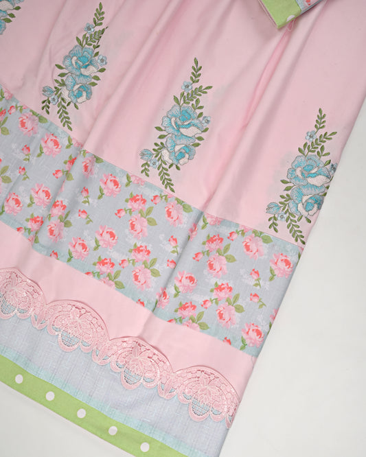 Baby Pink Rida With Smart Floral Embriodery & Floral Panel Lace