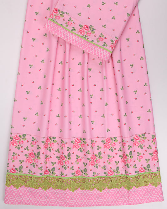 Onion Pink Printed Rida With Floral Panel & Lace