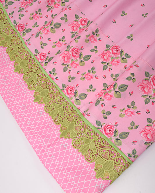 Onion Pink Printed Rida With Floral Panel & Lace