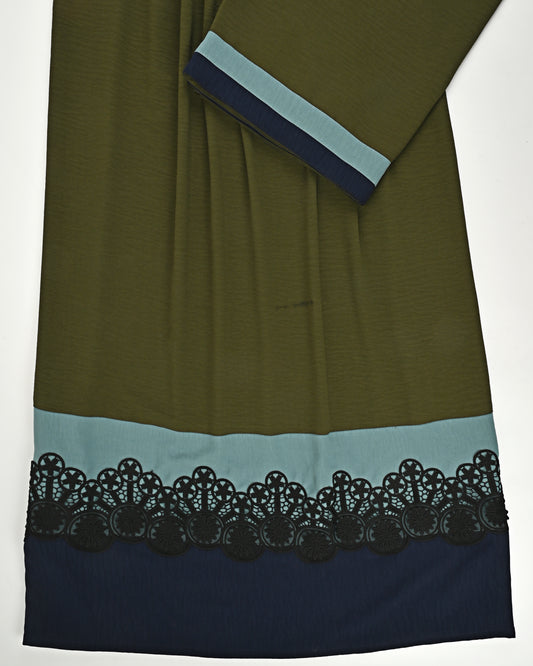 Dark Green Abaya With Smart Lace & Blue Shades Panel