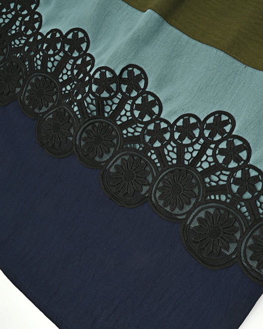 Dark Green Abaya With Smart Lace & Blue Shades Panel