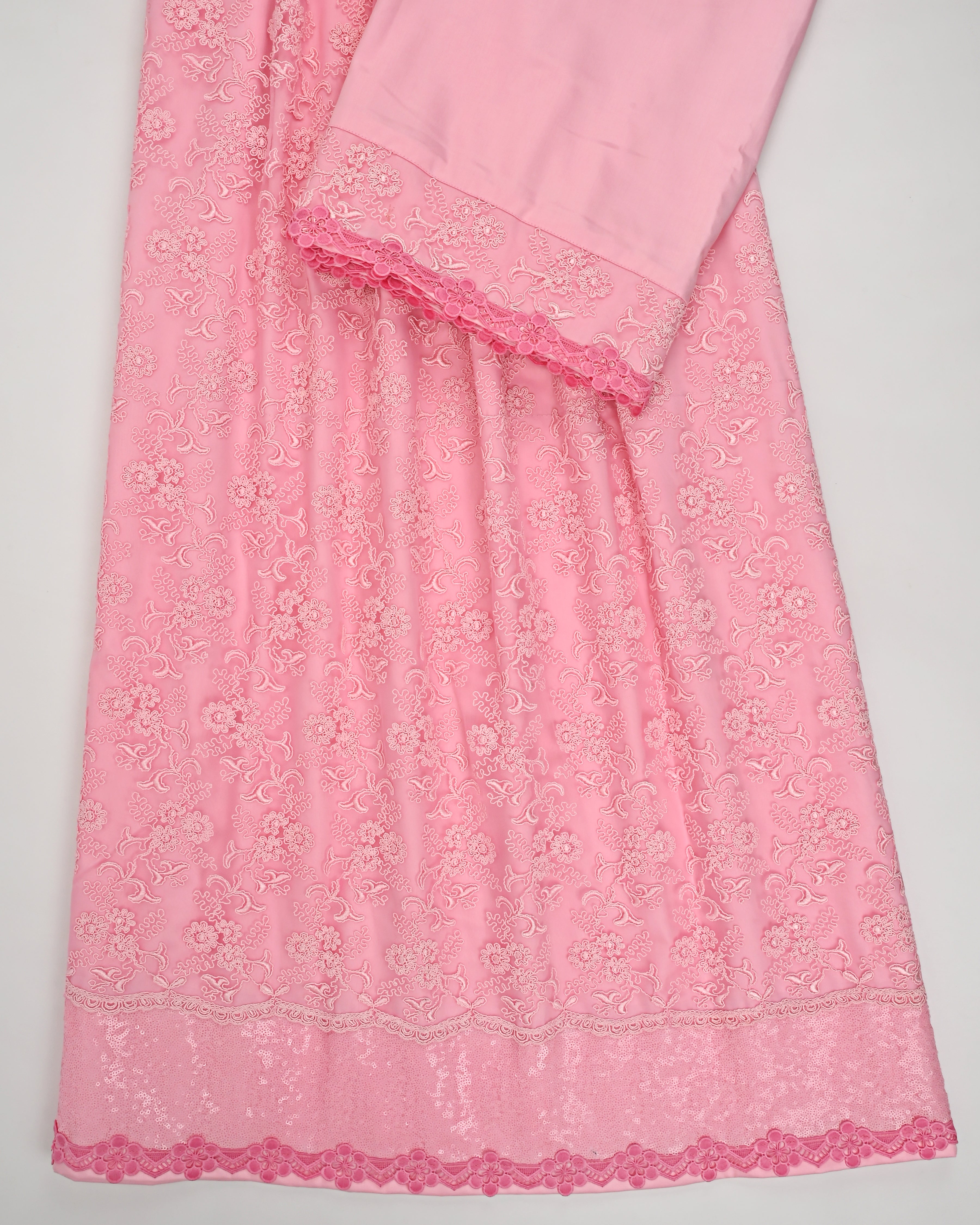 Bright Pink Rida With Full Floral Net Piece & Smart Sequence Lace