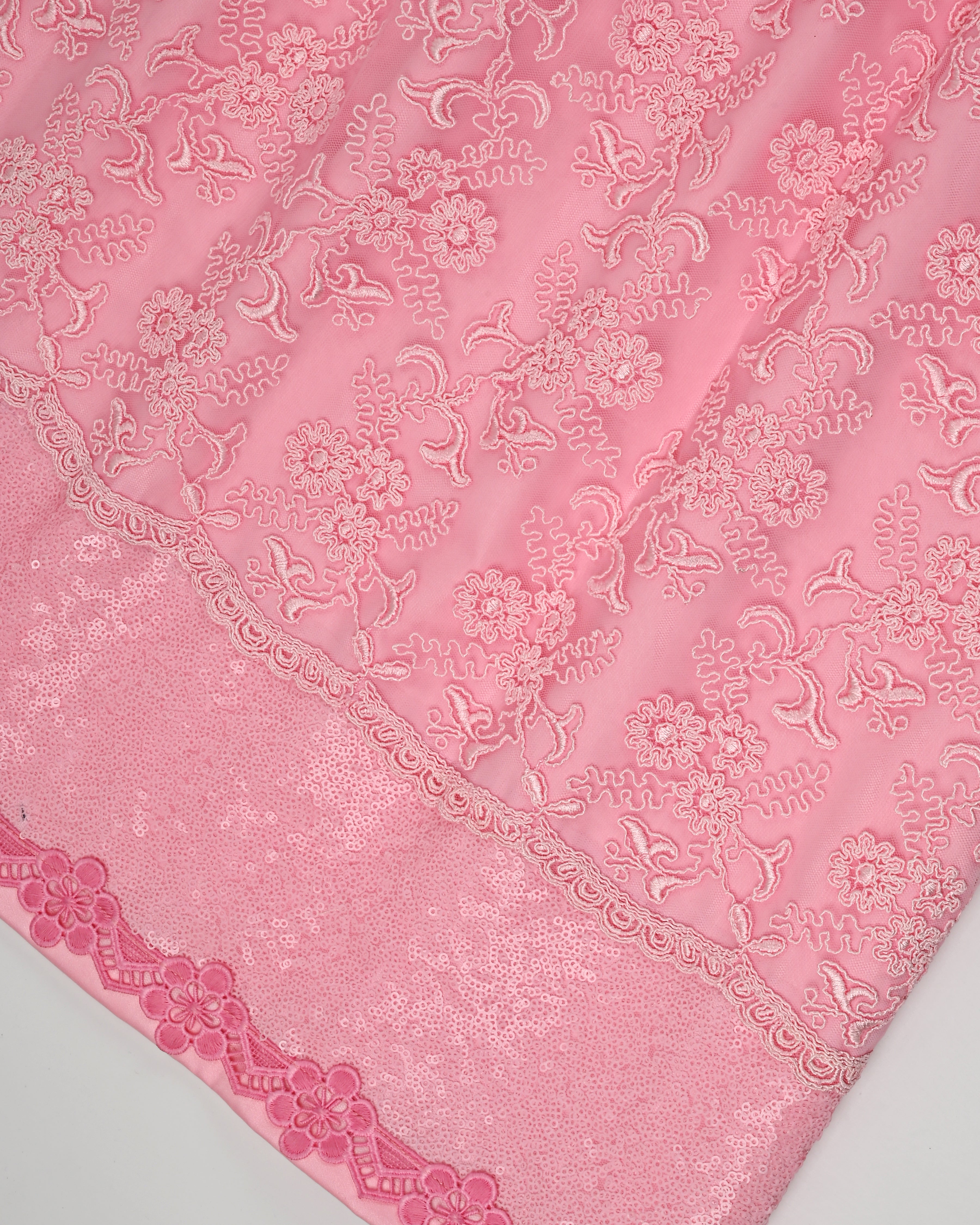 Bright Pink Rida With Full Floral Net Piece & Smart Sequence Lace