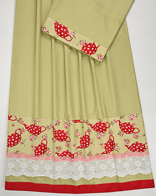 Light Olive Green Rida With Red Tea Kettle Print Panel & Smart Lace