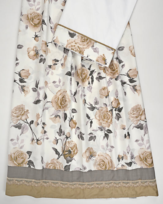 Off White Base Full Floral Printed Rida With Smart Lace & Plain Panel