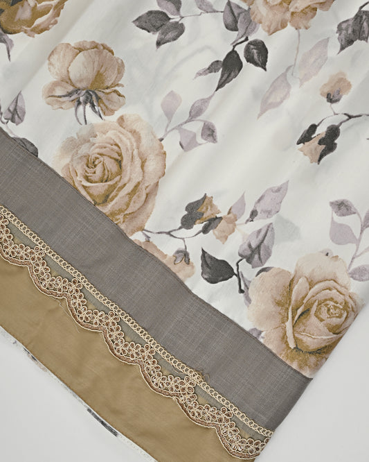 Off White Base Full Floral Printed Rida With Smart Lace & Plain Panel