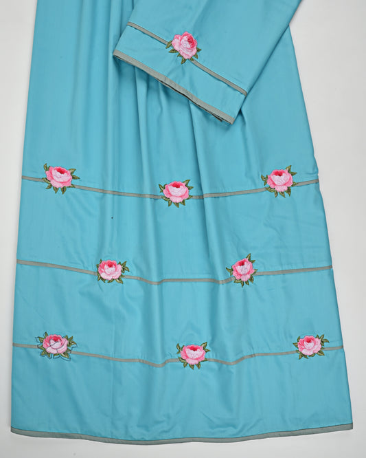 Teal Blue Rida With Smart Pipin Pattern & Rose Applique On Pipin
