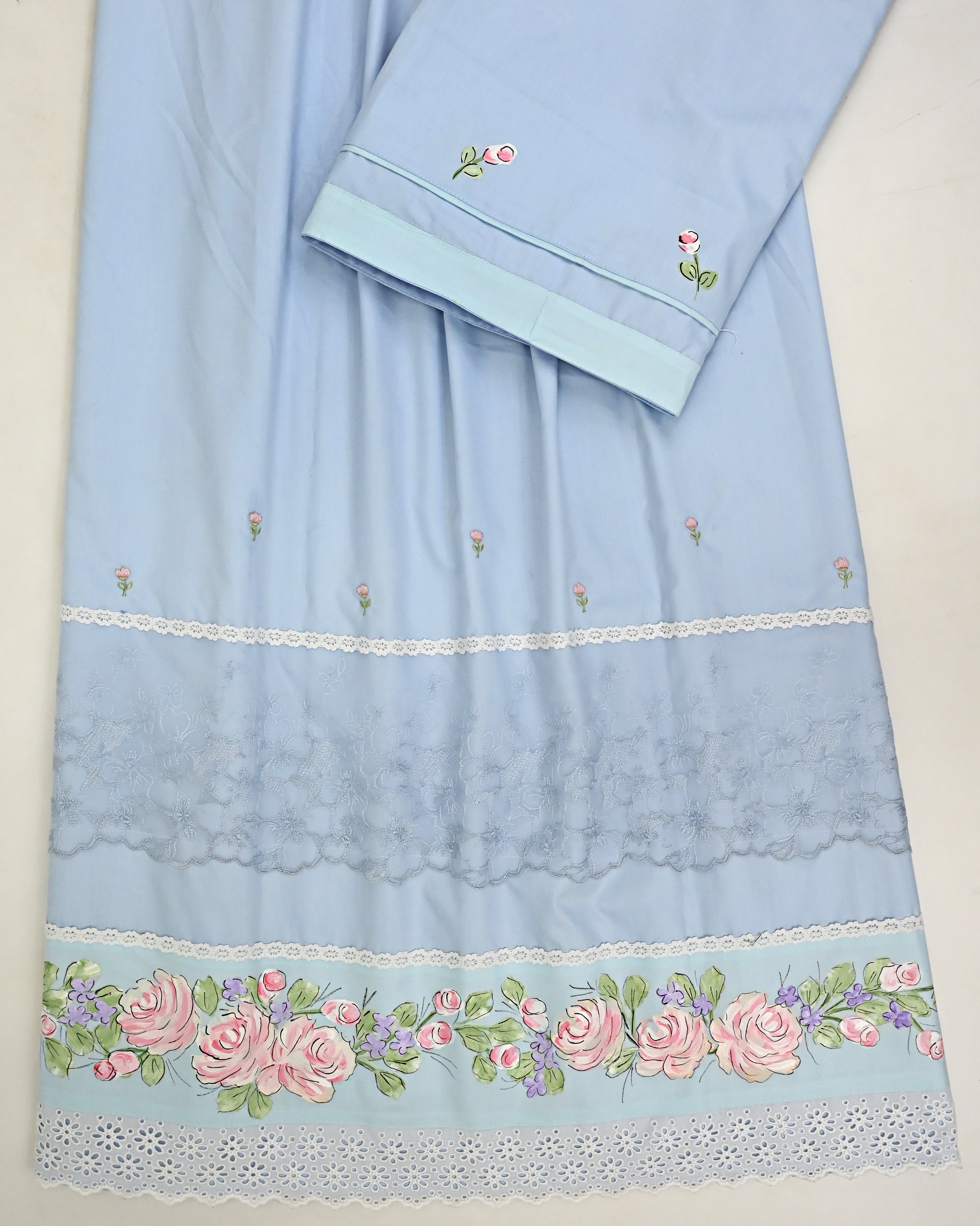 Sky Blue Rida With Smart Floral Lace & Smart Floral All Over Border Painting