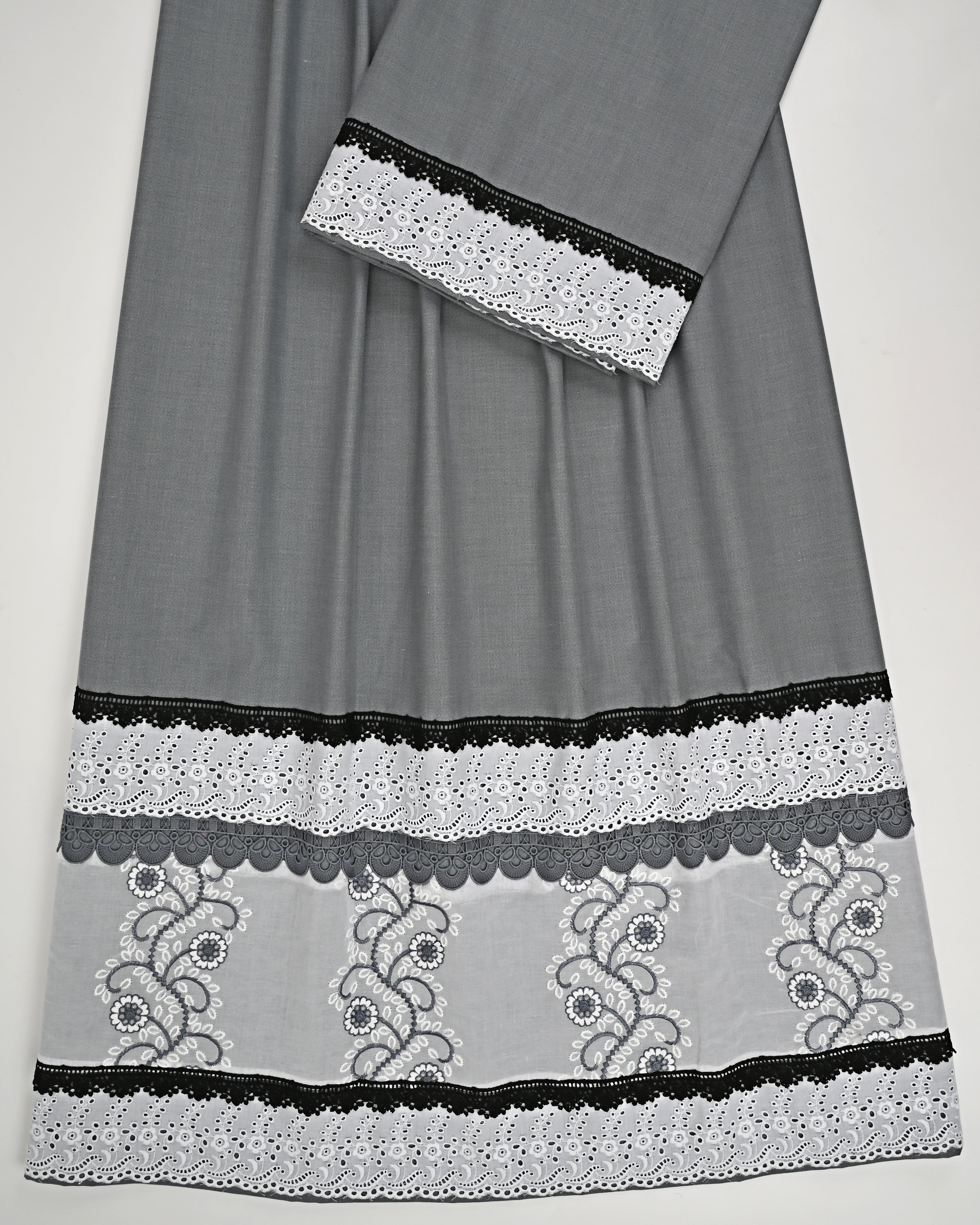 Charcoal Grey Rida With Smart White Floral Design Lace