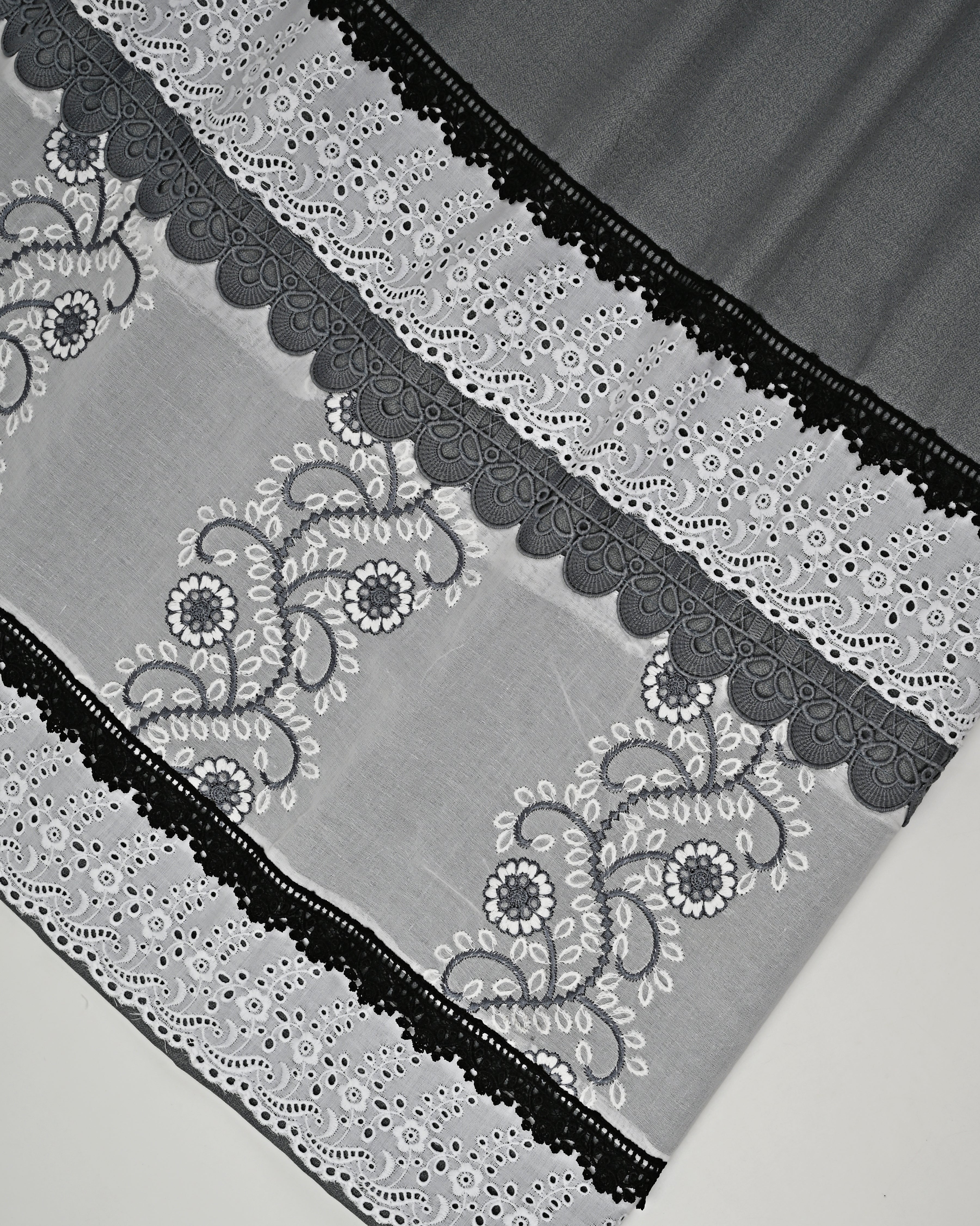 Charcoal Grey Rida With Smart White Floral Design Lace