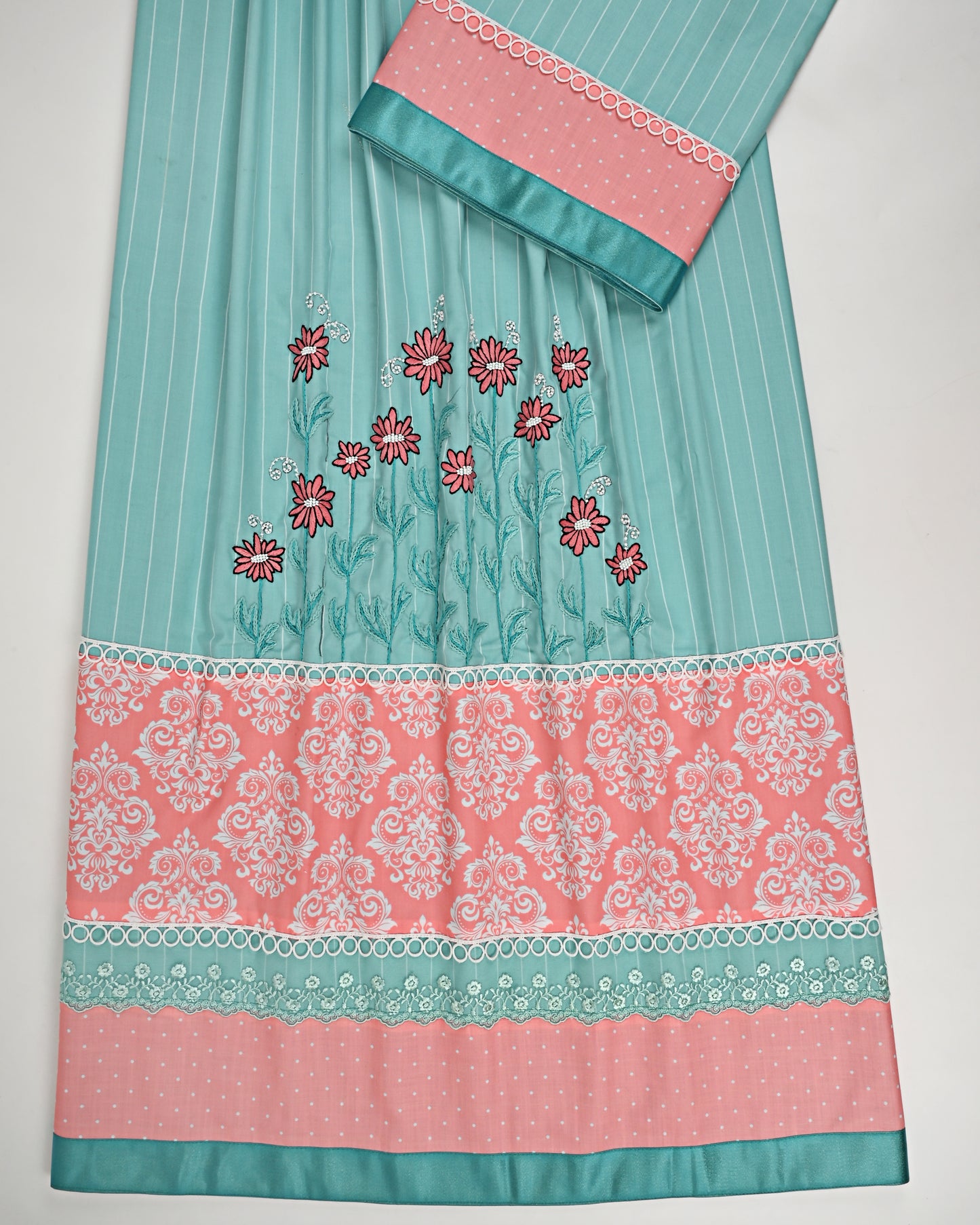 Sea Foam Green Rida With Smart Printed Panel Lace & Floral Work