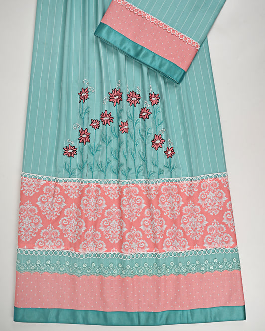 Sea Foam Green Rida With Smart Printed Panel Lace & Floral Work