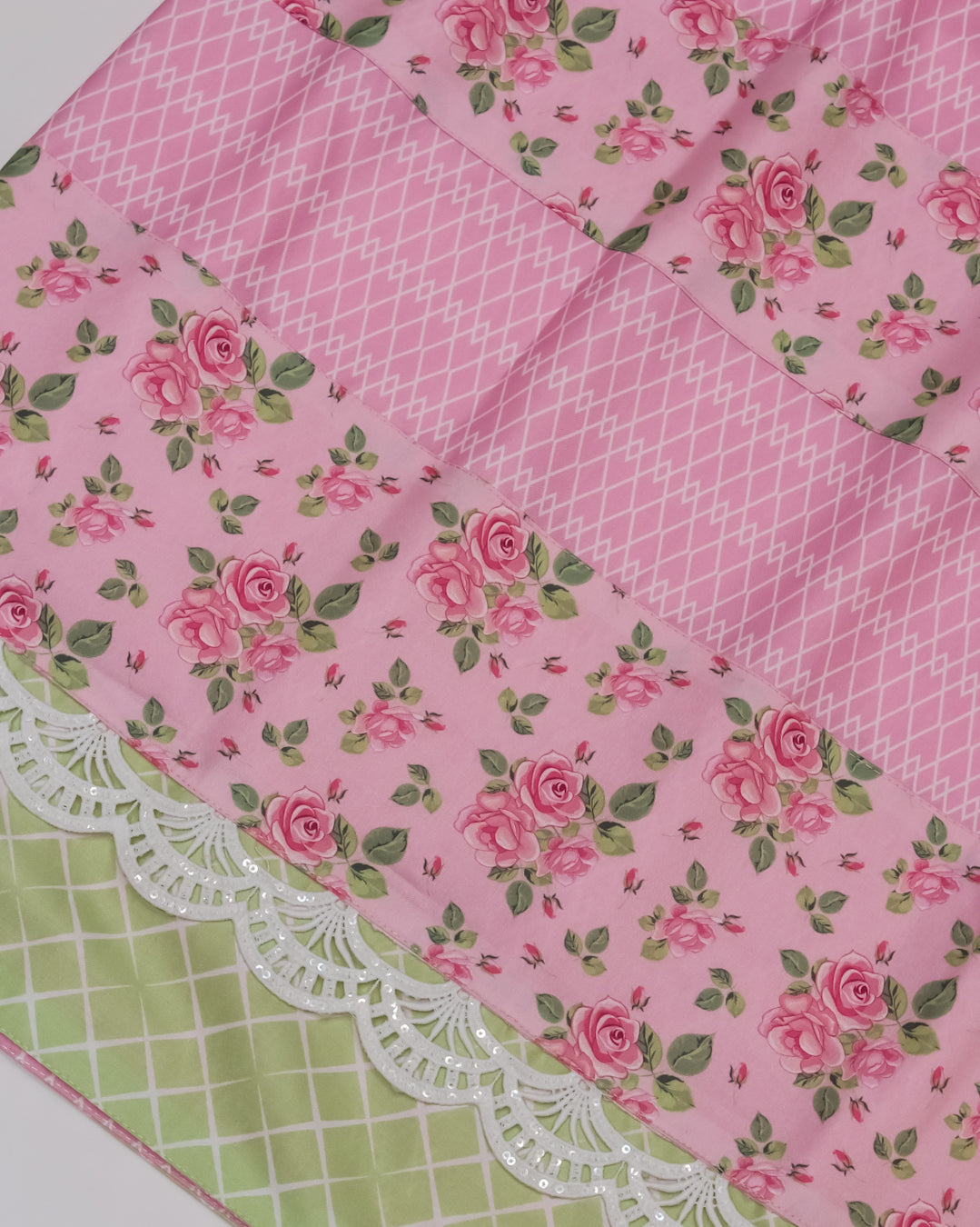 Baby Pink Rida With Smart Floral Rose Panel & Lace